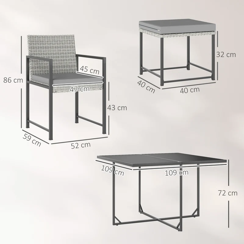 Outsunny Conjunto de Muebles de Jardín Exterior de Ratán de 9 Piezas Conjunto de Jardin Exterior de Ratán Sintético con Mesa con Vidrio Templado 4 Sillas 4 Taburetes Impermeables Cojines Gris