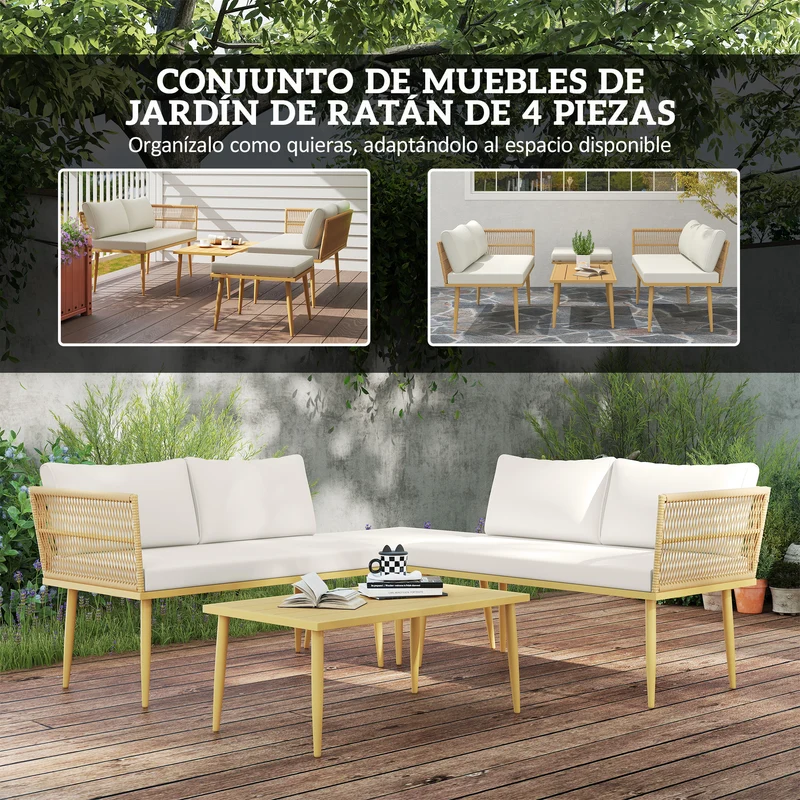 Outsunny Conjunto de Jardín Exterior de Ratán Sintético de 4 Piezas Muebles de Jardín Exterior Sofá Esquinero Incluye 2 Sofás de 2 Plazas 1 Reposapiés 1 Mesa de Centro con Cojines Natural