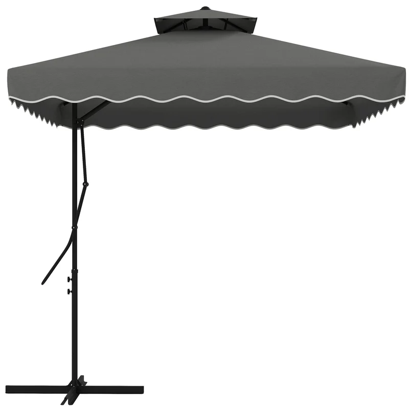 Outsunny Sombrilla Terraza Exterior de 2,5 m Sombrilla Voladiza con Manivela Techo Doble con Borde Ondulado y Base Cruzada Parasol de Jardín para Exterior Patio Terraza Gris Oscuro