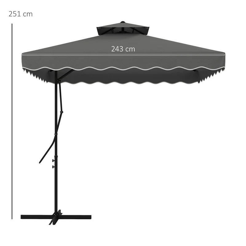 Outsunny Sombrilla Terraza Exterior de 2,5 m Sombrilla Voladiza con Manivela Techo Doble con Borde Ondulado y Base Cruzada Parasol de Jardín para Exterior Patio Terraza Gris Oscuro