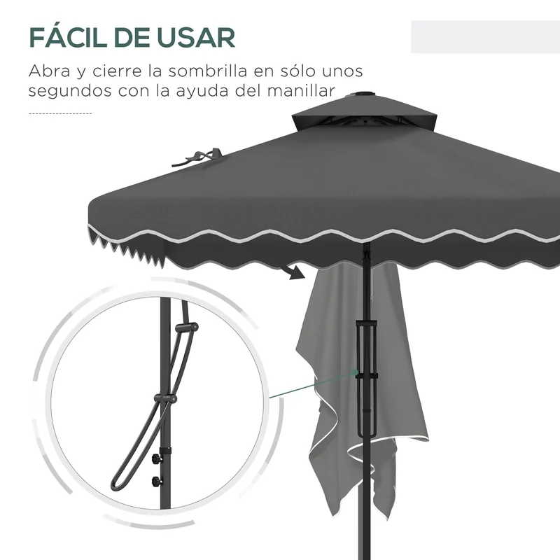 Outsunny Sombrilla Terraza Exterior de 2,5 m Sombrilla Voladiza con Manivela Techo Doble con Borde Ondulado y Base Cruzada Parasol de Jardín para Exterior Patio Terraza Gris Oscuro