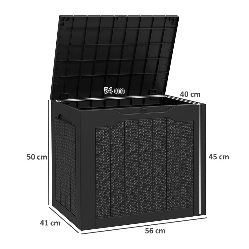 Outsunny Baúl de Almacenaje Exterior 93L Arcón de Jardín Exterior Pequeño de Plástico Impermeable con 2 Asas Integradas y Soporte para Candado 56x41x50 cm Negro