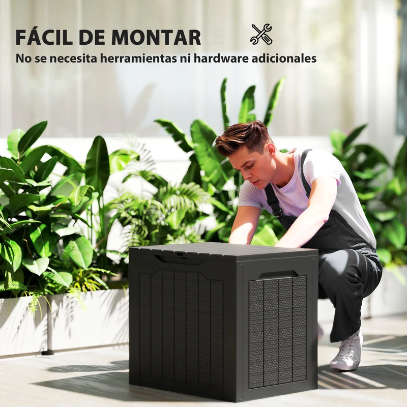 Outsunny Baúl de Almacenaje Exterior 93L Arcón de Jardín Exterior Pequeño de Plástico Impermeable con 2 Asas Integradas y Soporte para Candado 56x41x50 cm Negro
