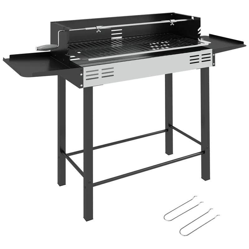 Outsunny Barbacoa de Carbón Barbacoa Portátil 118x32x90 cm con Pincho Giratorio Ajustable en Altura de 3 Niveles Parrilla Plegables y Paravientos para Pícnic Camping Negro