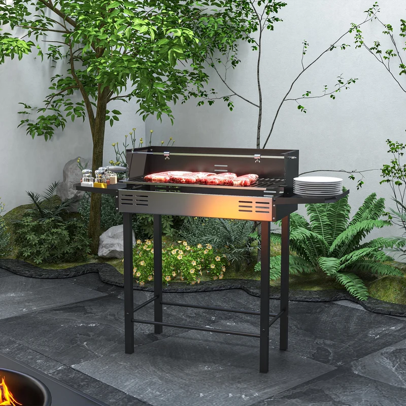 Outsunny Barbacoa de Carbón Barbacoa Portátil 118x32x90 cm con Pincho Giratorio Ajustable en Altura de 3 Niveles Parrilla Plegables y Paravientos para Pícnic Camping Negro