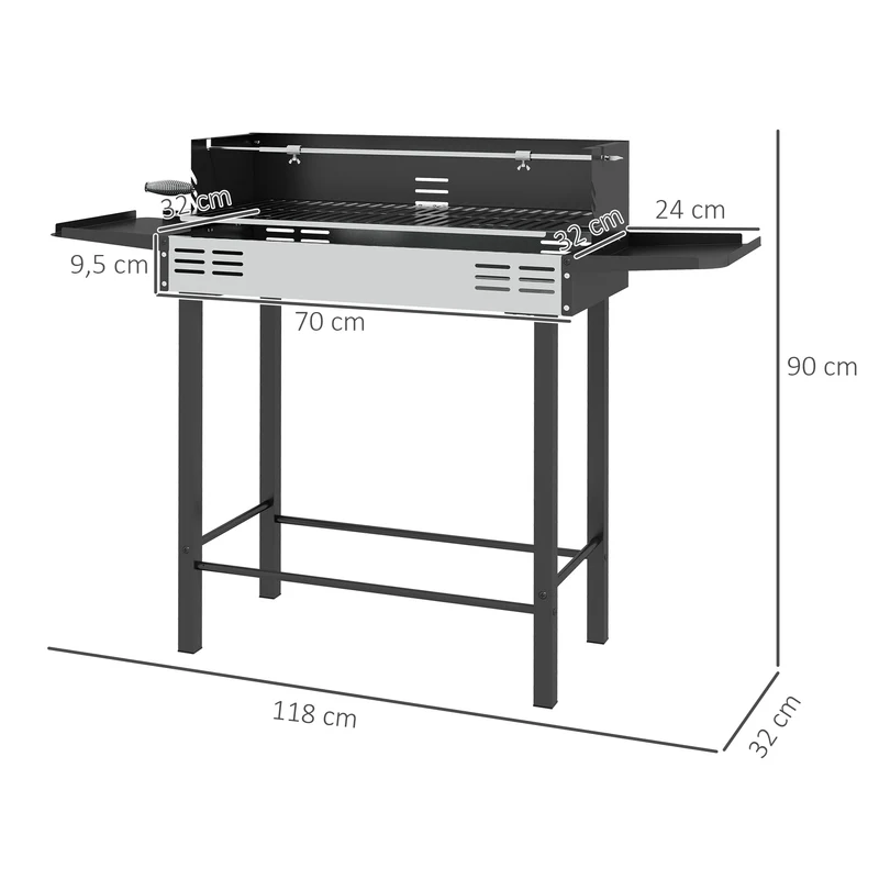Outsunny Barbacoa de Carbón Barbacoa Portátil 118x32x90 cm con Pincho Giratorio Ajustable en Altura de 3 Niveles Parrilla Plegables y Paravientos para Pícnic Camping Negro