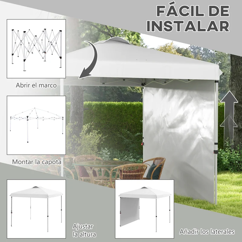 Outsunny Carpa Plegable 2,5x2,5 m Cenador de Jardín con 1 Pared Lateral Altura Ajustable en 3 Niveles Anti-UV Impermeable y Bolsa de Arena Gazebo para Exterior Camping Fiestas Blanco