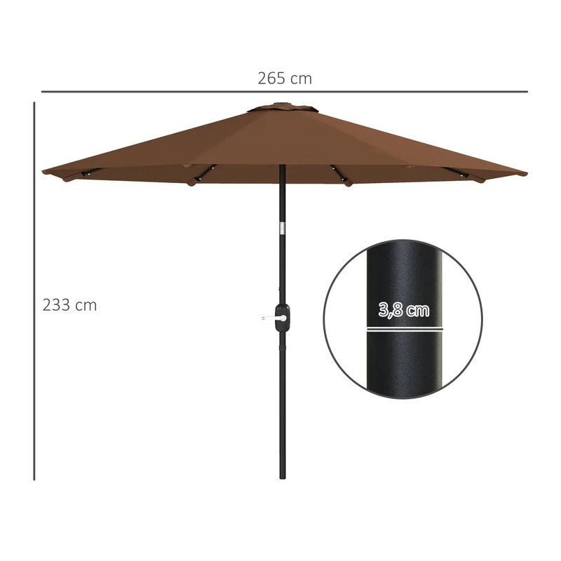 Outsunny Sombrilla Terraza Exterior Ø265 cm Sombrilla de Jardín con 32 Luces LED Solares Poste de Acero y Manivela Parasol Inclinable para Patio Terraza Marrón