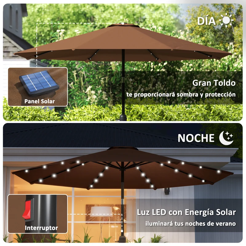 Outsunny Sombrilla Terraza Exterior Ø265 cm Sombrilla de Jardín con 32 Luces LED Solares Poste de Acero y Manivela Parasol Inclinable para Patio Terraza Marrón
