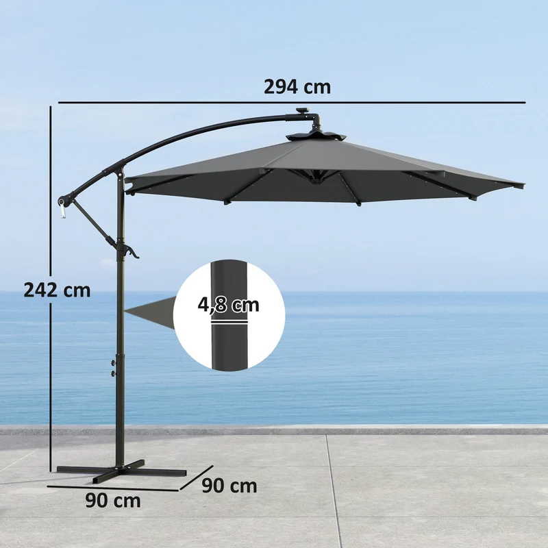 Outsunny Parasol Excéntrico Ø 294 cm Sombrilla de Jardín con 32 Luces LED Solares Base Cruzada Manivela Ventilación Superior Funda para Sombrilla Anti-UV 30+ para Terraza Patio Gris Oscuro