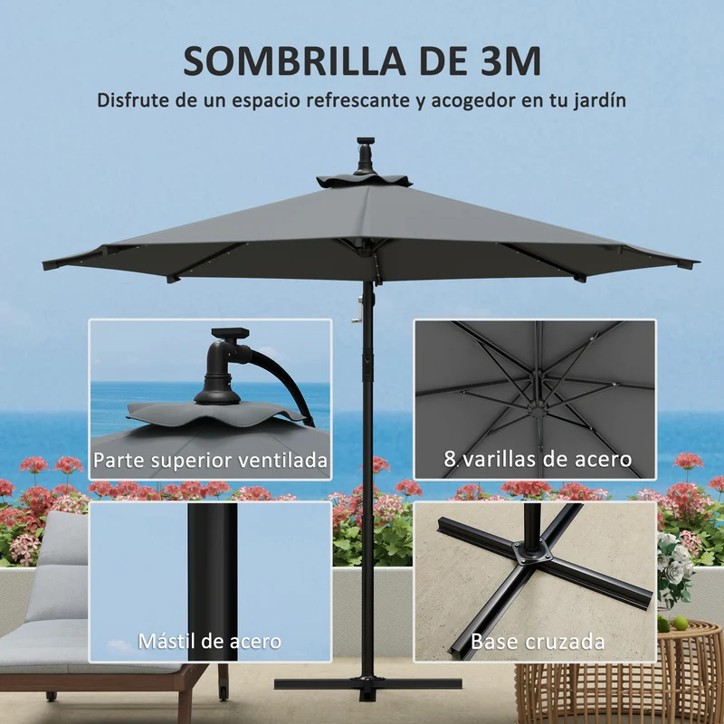 Outsunny Parasol Excéntrico Ø 294 cm Sombrilla de Jardín con 32 Luces LED Solares Base Cruzada Manivela Ventilación Superior Funda para Sombrilla Anti-UV 30+ para Terraza Patio Gris Oscuro