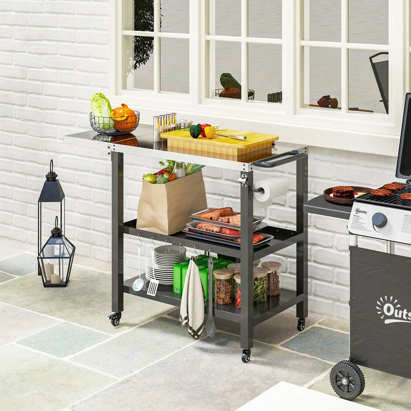 Outsunny Carrito de Parrilla de 3 Niveles Carrito de Barbacoa Carro de Servicio con Ruedas Estantes Encimera de Acero Inoxidable Lateral Plegable y Asa Mesa de Horno de Pizza para Jardín Patio Negro
