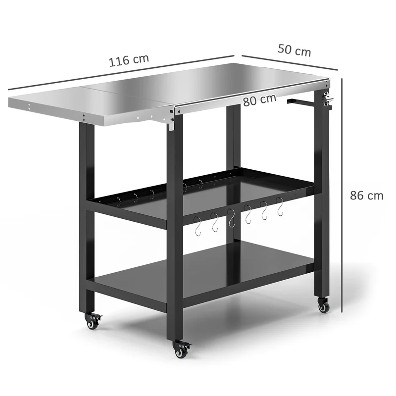 Outsunny Carrito de Parrilla de 3 Niveles Carrito de Barbacoa Carro de Servicio con Ruedas Estantes Encimera de Acero Inoxidable Lateral Plegable y Asa Mesa de Horno de Pizza para Jardín Patio Negro