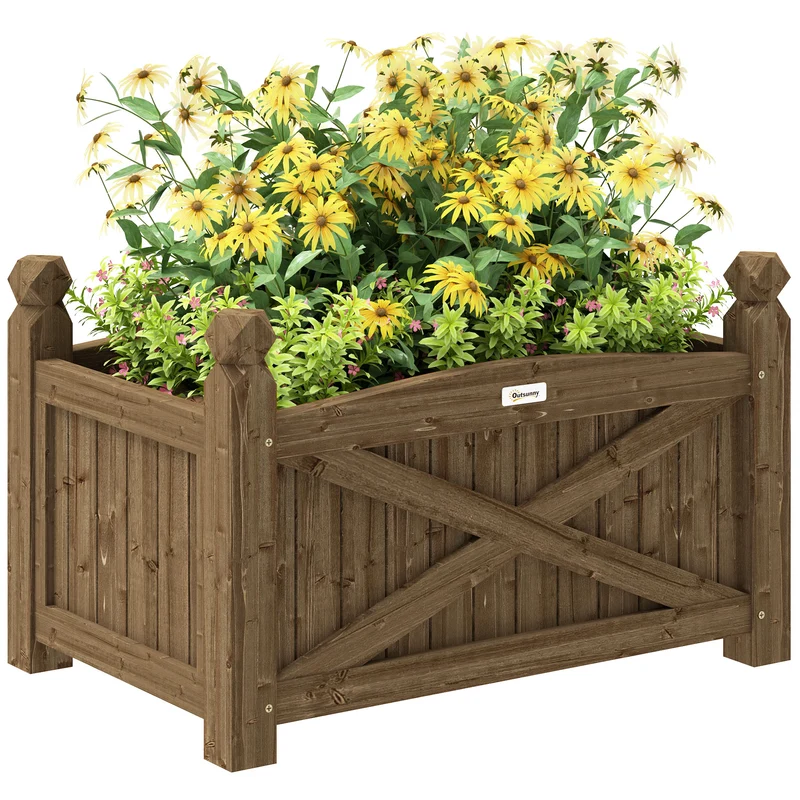Outsunny Jardinera de Madera Elevada Huerto Urbano Madera para Cultivar Plantas Flores Hierba Jardinera Rectangular para Jardín Balcón Terraza 60x39x37 cm Café Oscuro