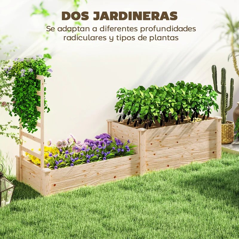 Outsunny Jardinera Exterior Grande de Madera Jardinera Elevada con Celosía para Plantas Trepadoras y 2 Cajas de Cultivo para Jardín Patio Terraza 222x63x132 cm Natural