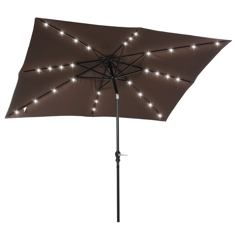 Outsunny Sombrilla Terraza Exterior con Luces LED 268x205x248 cm Sombrilla de Jardín con Techo Inclinable hasta 45° Solares Poste de Acero y Manivela Parasol para Patio Terraza Marrón