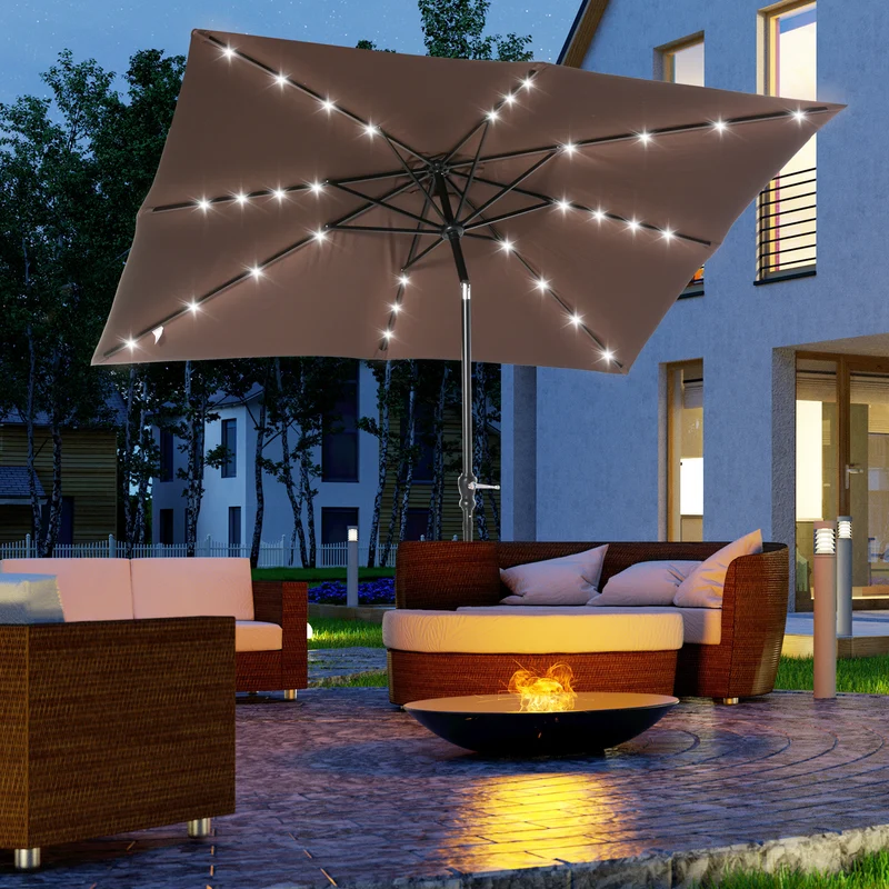 Outsunny Sombrilla Terraza Exterior con Luces LED 268x205x248 cm Sombrilla de Jardín con Techo Inclinable hasta 45° Solares Poste de Acero y Manivela Parasol para Patio Terraza Marrón