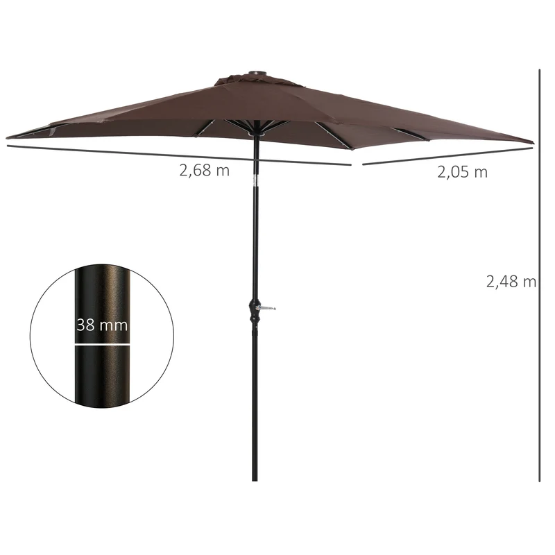 Outsunny Sombrilla Terraza Exterior con Luces LED 268x205x248 cm Sombrilla de Jardín con Techo Inclinable hasta 45° Solares Poste de Acero y Manivela Parasol para Patio Terraza Marrón