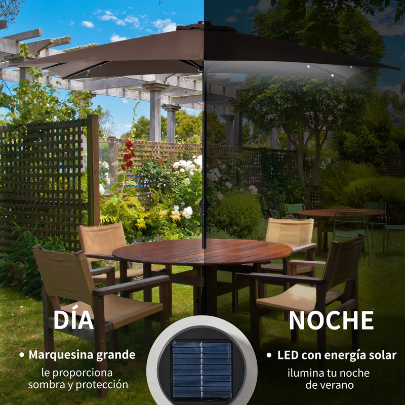 Outsunny Sombrilla Terraza Exterior con Luces LED 268x205x248 cm Sombrilla de Jardín con Techo Inclinable hasta 45° Solares Poste de Acero y Manivela Parasol para Patio Terraza Marrón
