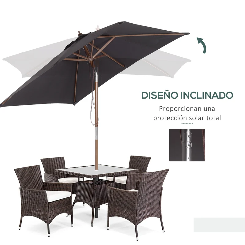 Outsunny Sombrilla Terraza Exterior 200x150 cm Sombrilla de Jardín Rectangular con Ángulo Ajustable Mástil de Madera y Manivela Parasol para Patio Terraza Gris Oscuro
