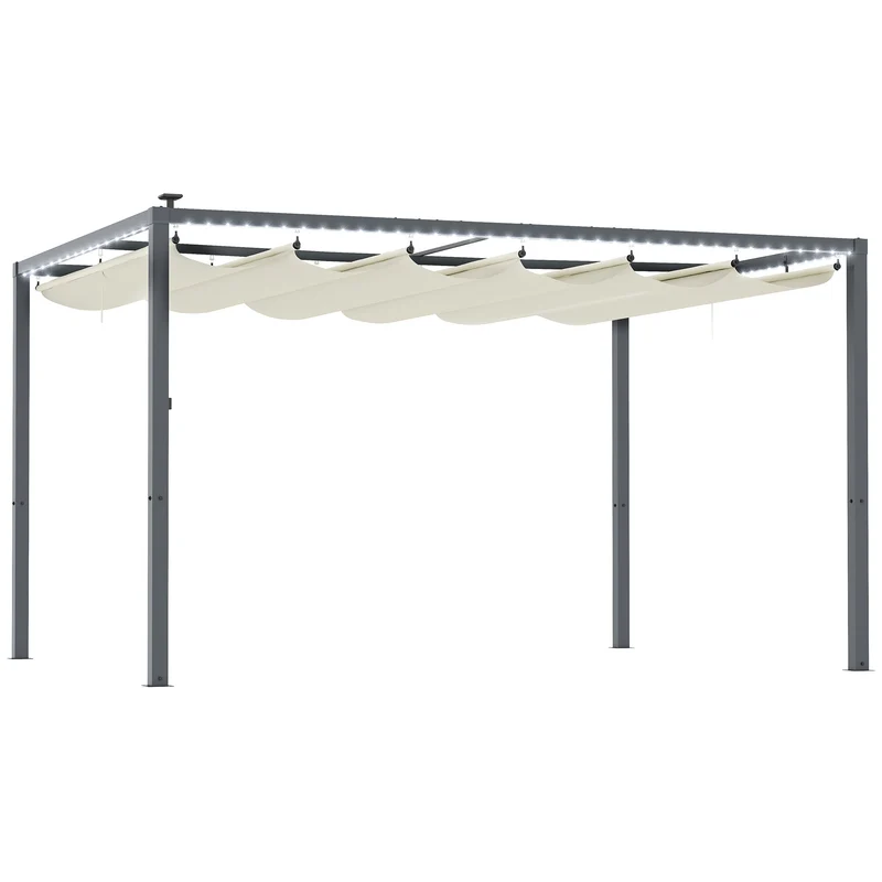 Outsunny Pérgola de Aluminio con Luces LED 4x3 m Cenador de Jardín Gazebo con Solares Techo Retráctil Impermeable Anti-UV Pabellón para Patio Terraza Crema y Gris
