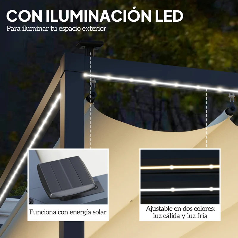 Outsunny Pérgola de Aluminio con Luces LED 4x3 m Cenador de Jardín Gazebo con Solares Techo Retráctil Impermeable Anti-UV Pabellón para Patio Terraza Crema y Gris
