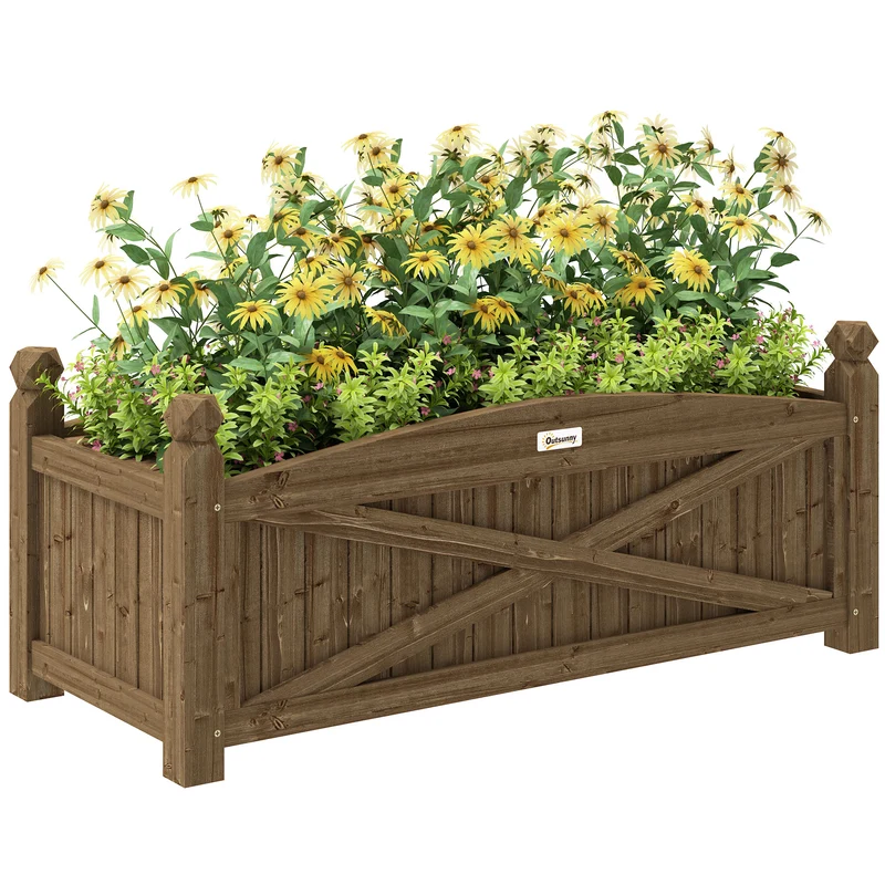 Outsunny Jardinera de Madera Elevada Huerto Urbano Madera para Cultivar Plantas Flores Hierba Jardinera Rectangular para Jardín Balcón Terraza 90x39x37 cm Café Oscuro
