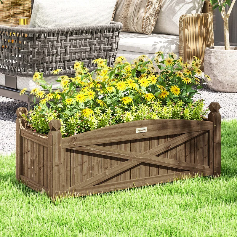 Outsunny Jardinera de Madera Elevada Huerto Urbano Madera para Cultivar Plantas Flores Hierba Jardinera Rectangular para Jardín Balcón Terraza 90x39x37 cm Café Oscuro