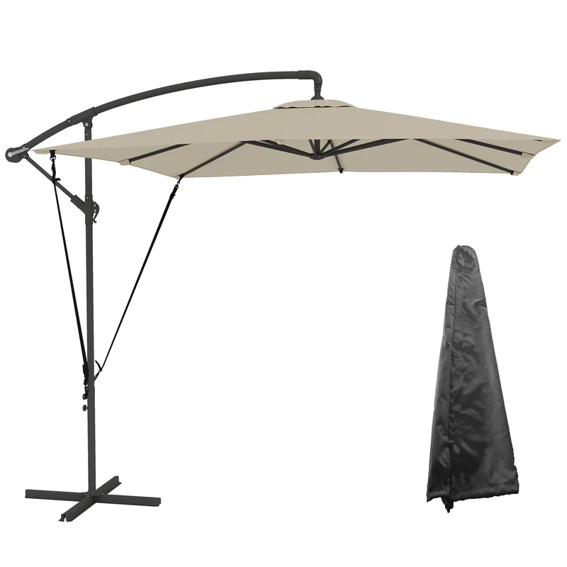 Outsunny Parasol Excéntrico 247x247 cm Sombrilla de Jardín con Base Cruzada Cubierta Ajustable Manivela Funda Protectora y Cuerda de Viento Anti-UV 50+ Sombrilla para Terraza Patio Caqui