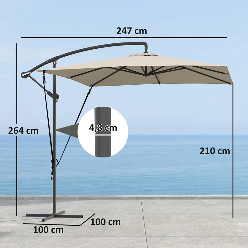 Outsunny Parasol Excéntrico 247x247 cm Sombrilla de Jardín con Base Cruzada Cubierta Ajustable Manivela Funda Protectora y Cuerda de Viento Anti-UV 50+ Sombrilla para Terraza Patio Caqui