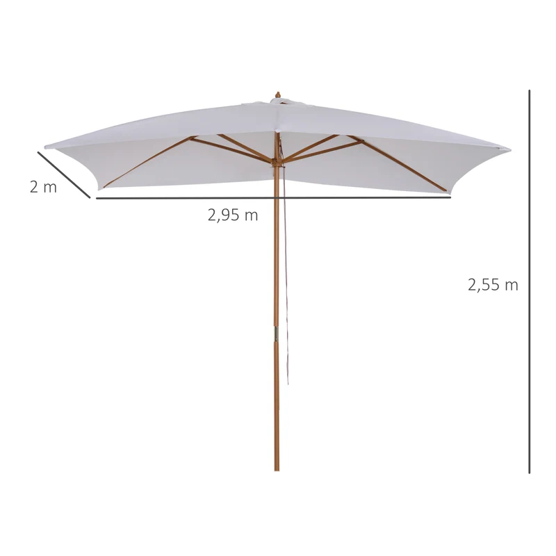 Outsunny Sombrilla Terraza Exterior 295x200 cm Sombrilla de Jardín Rectangular Ajustable con Mástil de Madera y Manivela Impermeable Parasol para Patio Terraza Blanco
