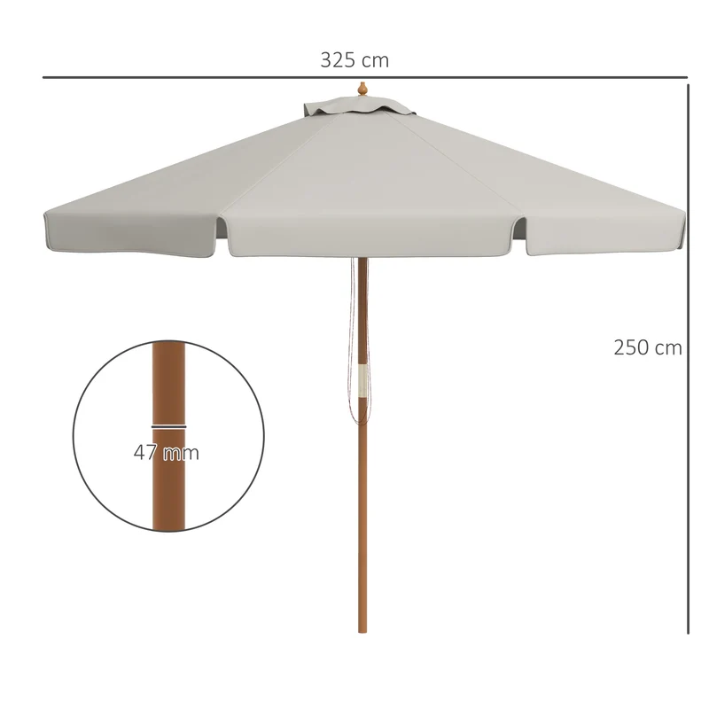 Outsunny Sombrilla Terraza Exterior Ø325 cm Sombrilla de Jardín con Sistema de Polea Techo Ventilado 8 Varillas de Bambú y Poste de Madera Parasol para Patio Terraza Gris