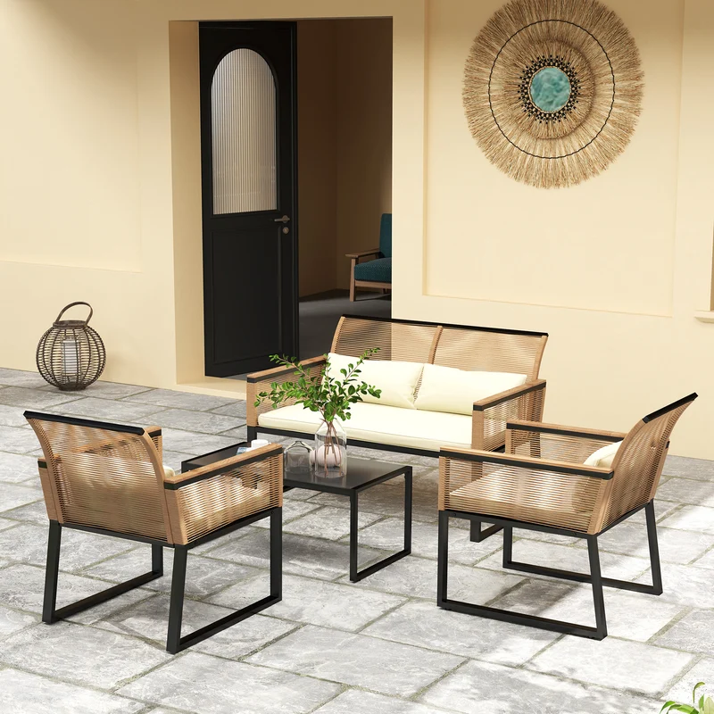 Outsunny Conjunto de Jardín Exterior 4 Piezas de Ratán Sintético Muebles Jardín Exterior con 2 Sillones 1 Sofá de 2 Plazas y Mesa de Centro con Tablero de Vidrio Templado Natural y Crema