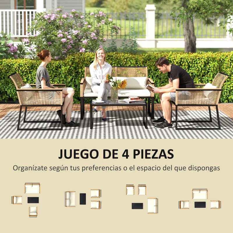 Outsunny Conjunto de Jardín Exterior 4 Piezas de Ratán Sintético Muebles Jardín Exterior con 2 Sillones 1 Sofá de 2 Plazas y Mesa de Centro con Tablero de Vidrio Templado Natural y Crema