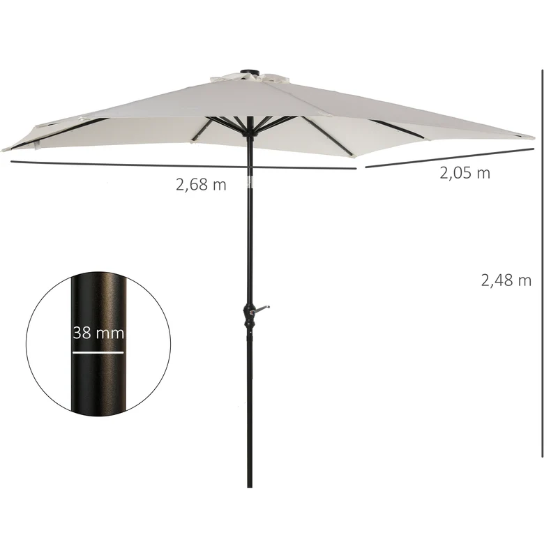 Outsunny Sombrilla Terraza Exterior 268x205x248 cm Sombrilla de Jardín con Techo Inclinable hasta 45° Luces LED Solares Poste de Acero y Manivela Parasol para Patio Terraza Blanco