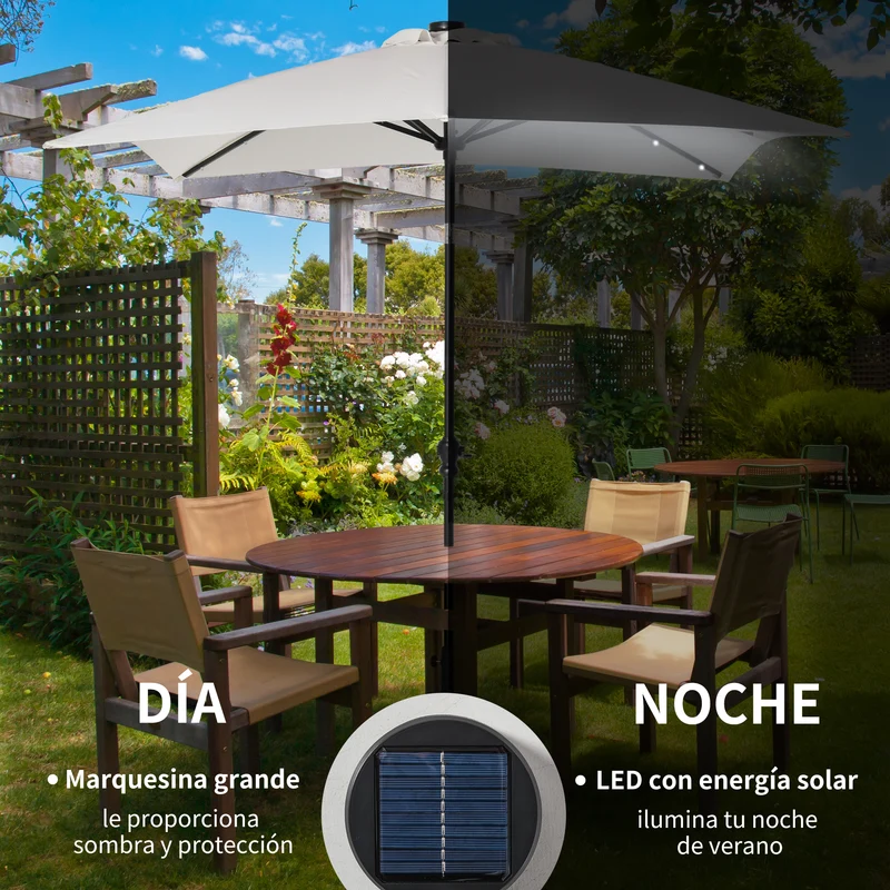 Outsunny Sombrilla Terraza Exterior 268x205x248 cm Sombrilla de Jardín con Techo Inclinable hasta 45° Luces LED Solares Poste de Acero y Manivela Parasol para Patio Terraza Blanco
