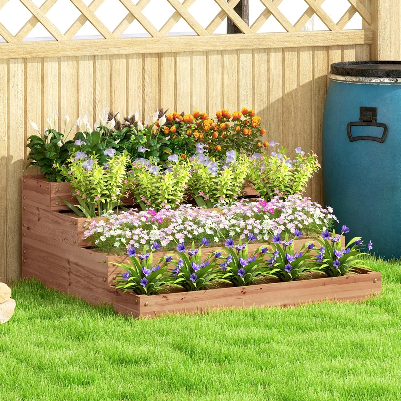 Outsunny Jardinera de Madera Elevada de 4 Niveles Jardinera Exterior Grande con Diseño de Escalera Huerto Urbano para Cultivos Plantas Flores para Patio Terraza Balcón 113x113x46 cm Café Oscuro