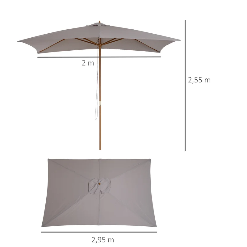 Outsunny Sombrilla Terraza Exterior 295x200 cm Sombrilla de Jardín Rectangular Ajustable con Mástil de Madera y Manivela Impermeable Parasol para Patio Terraza Gris