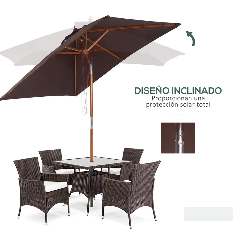 Outsunny Sombrilla Terraza Exterior 200x150 cm Sombrilla de Jardín Rectangular con Ángulo Ajustable Mástil de Madera y Manivela Parasol para Patio Terraza Café