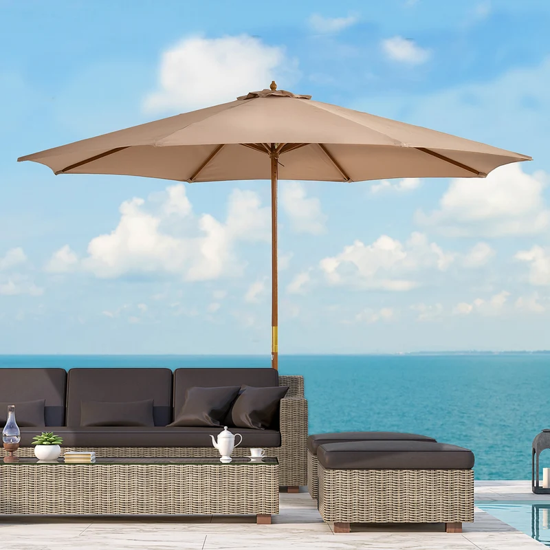 Outsunny Sombrilla Terraza Exterior Ø300 cm Sombrilla de Jardín con Sistema de Polea Techo Ventilado y Poste Desmontable de Madera Parasol para Patio Terraza Caqui