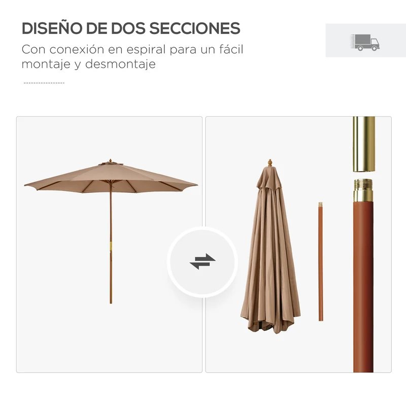 Outsunny Sombrilla Terraza Exterior Ø300 cm Sombrilla de Jardín con Sistema de Polea Techo Ventilado y Poste Desmontable de Madera Parasol para Patio Terraza Caqui