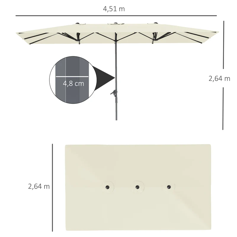 Outsunny Sombrilla Doble 4,5x2,6 m Sombrilla Terraza Exterior con Manivela Poste de Aluminio Impermeable y Protección UV50+ Parasol Grande para Terraza Playa Piscina Crema