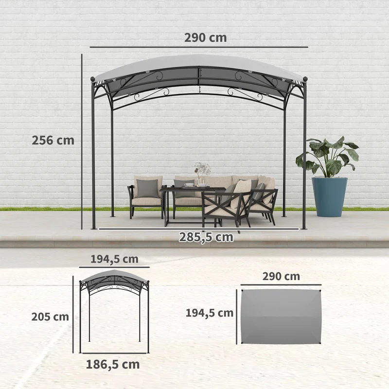 Outsunny Cenador para Jardín 3x2 m Pérgola de Jardín Gazebo con Cúpula Elegante y Estructura Metálica Impermeable Carpa para Exterior Terraza Patio Gris