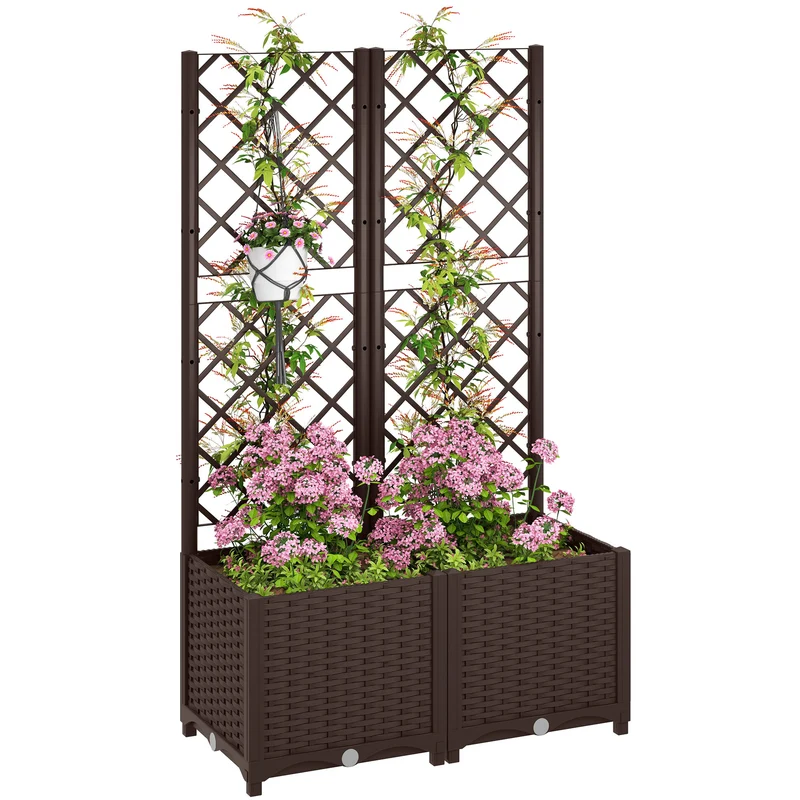 Outsunny Jardinera con Enrejado de PP Jardinera Exterior Grande con Ofricios de Drenaje y Reservorios de Agua para Plantas Trepadoras Macetero con Soporte para Jardín Patio Terraza 80x40x135 cm Marrón