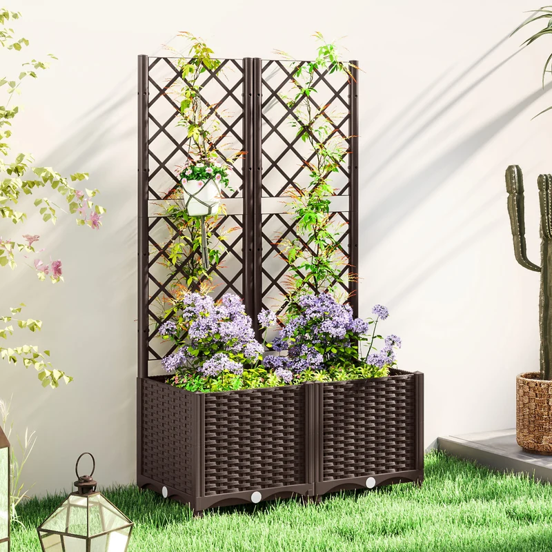 Outsunny Jardinera con Enrejado de PP Jardinera Exterior Grande con Ofricios de Drenaje y Reservorios de Agua para Plantas Trepadoras Macetero con Soporte para Jardín Patio Terraza 80x40x135 cm Marrón