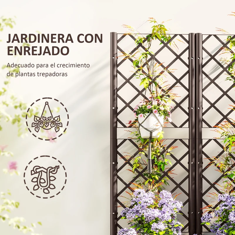 Outsunny Jardinera con Enrejado de PP Jardinera Exterior Grande con Ofricios de Drenaje y Reservorios de Agua para Plantas Trepadoras Macetero con Soporte para Jardín Patio Terraza 80x40x135 cm Marrón
