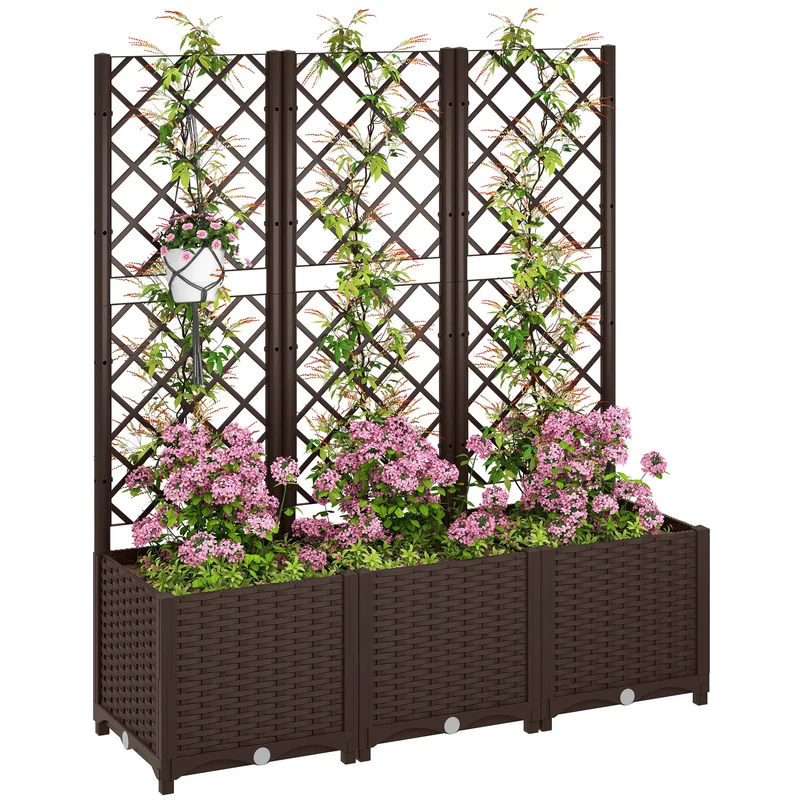 Outsunny Jardinera con Enrejado de PP Jardinera Exterior Grande con Ofricios de Drenaje Reservorios de Agua para Plantas Trepadoras Macetero con Soporte para Jardín Patio Terraza 120x40x135 cm Marrón