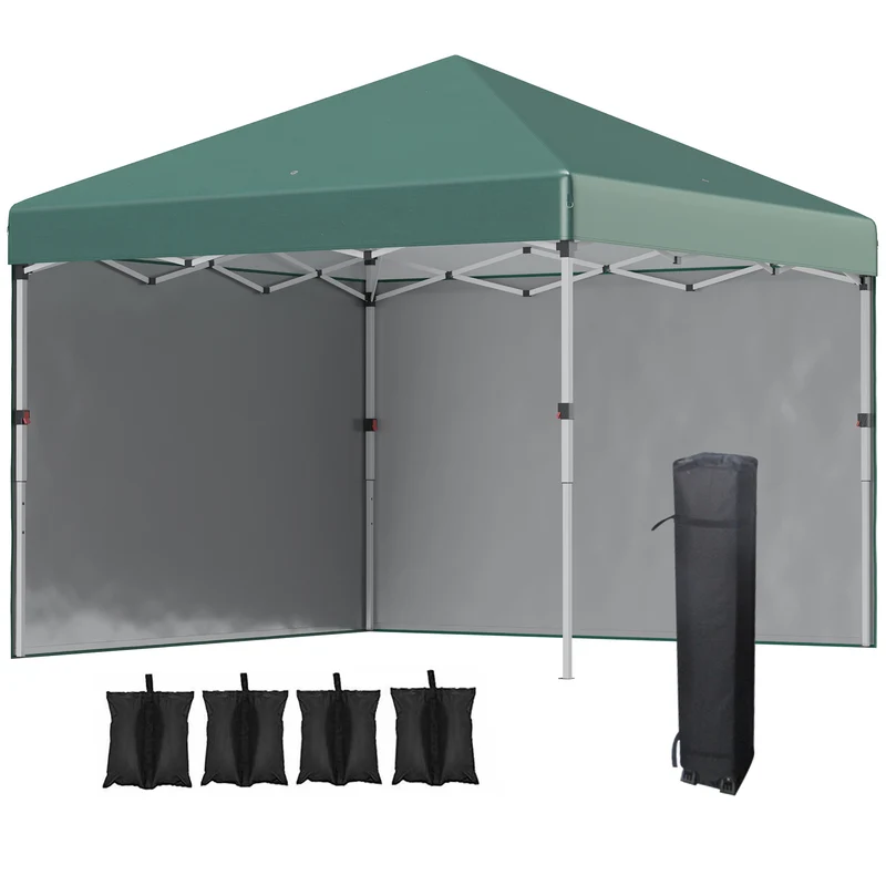 Outsunny Carpa Plegable Pop-up Gazebo 3x3 m Cenador Plegable con 2 Paredes Laterales Anti-UV Altura Ajustable en 3 Niveles Sacos de Arena y Bolsa de Transporte con Ruedas para Camping Fiestas Verde