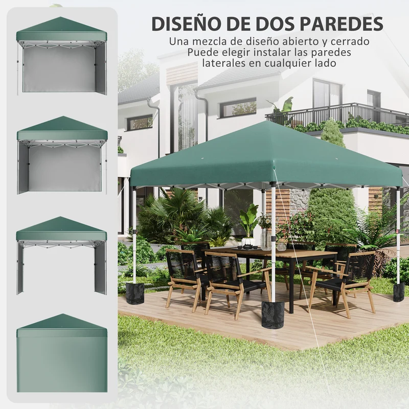 Outsunny Carpa Plegable Pop-up Gazebo 3x3 m Cenador Plegable con 2 Paredes Laterales Anti-UV Altura Ajustable en 3 Niveles Sacos de Arena y Bolsa de Transporte con Ruedas para Camping Fiestas Verde