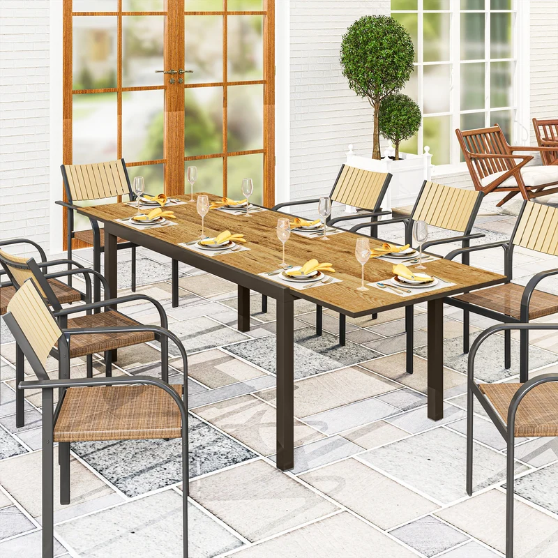 Outsunny Mesa de Jardín Extensible Mesa de Comedor Exterior Ajustable 160-240 cm con Borde de Aluminio Carga 70 kg Mesa Rectangular para 6-8 Personas para Patio Terraza Marrón